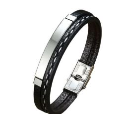 Trendy Black Leather Bracelets For Men With Sterling Silver