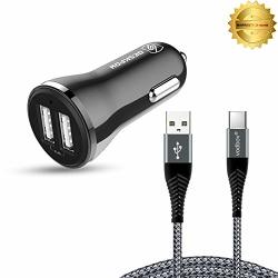 Car Charger With Cable Deskpow 2.4A Rapid Dual Port USB Car Charger + 3FT Type C Cable Compatible With Samsung Galaxy S9 S8 Plus