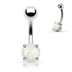 {white} Synthetic Opal Glitter Prong Set 316L Surgical Steel Belly Button Ring Sold Individually