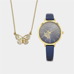 Womens Gold Plated Navy Faux Leather Watch & Butterfly Necklet Set
