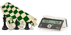 Tournament Chess Set - 34 Chess Pieces - Green Chess Board 20" X 20" Vinyl Rollup - Dgt Black Easy Chess Timer Game Clock