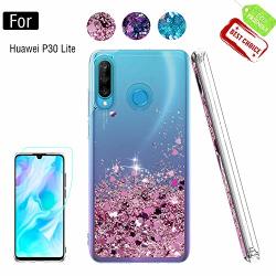 Atump For Huawei P30 Lite Case With HD Screen Protector For Girls Women Glitter Shell Moving Quicksand Clear Shockproof Anti- Scratch Phone Cover Case