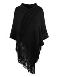 Ferand Women's Hooded Zigzag Striped Knit Cape Poncho Sweater With Fringes One Size Black
