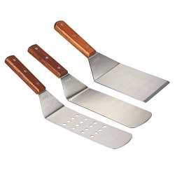 Stainless Steel Grill Spatula Turner And Scraper Cooking Utensil Set With Wooden Handles - For Teppanyaki Grills And Griddles - 3-PIECE