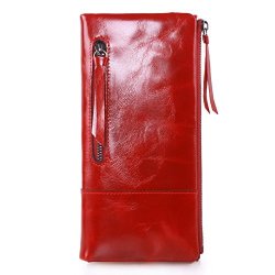New Ainimoer Women Fashion Waxy Leather Vintage Billfold Long Wallet Casual Simple Style MINI Clutch Card Holder Zipper Closure Money Clip Red