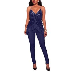 Aro Lora Women's V Neck Squins Tassels Bodycon Long Pants Party Jumpsuits Rompers Xx-large Navy