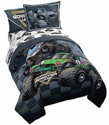 Monster Jam Slash 7 Piece Full Bed Set - Includes Reversible Comforter & Sheet Set - Bedding Features Grave Digger & Megalodon - Super