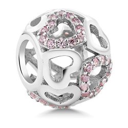 925 Sterling Silver White And Pink Cz Heart Inlay Round Bracelet Bead Charm Compatible W pandora Bracelets