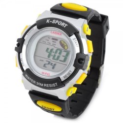 Boys Girls K-sport F45 Sport Alarm Waterproof Rubber Band Quartz Digital Wrist Watch Yellow Black