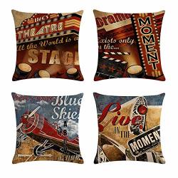 SET OF 4 Venusl Vintage Cinema Style Decorative Throw Pillow Covers One-side Printed Cotton Linen 18X18 Inch 45X45CM