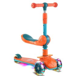 Kids Scooter Foldable And Adjustable With Seat And Flashing Wheel Lights Orange