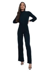 Ladies - Black Ribbed Wide Leg Balloon Sleeve Jumpsuit