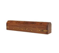 Ananta Handmade Wooden & Brass Incense Sticks & Cone Burner Coffin Box - Leaves