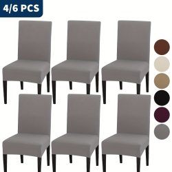 4 6PCS Four Seasons Solid Color Stretch Chair Cover Chair Slipcover Protection Furniture Home Decoration Living Room Kitchen Dining Room Easy Installation