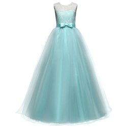 Little Girls Retro Formal Deep-v Back Sleeveless Lace Vintage Princess Long Dress Bridesmaid Evening Floor Length Dance Gowns Turquoise 9-10 Years