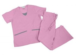 Contrast Jersey Inset Women's Scrub Set Pink grey Medium