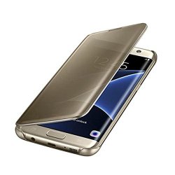 Wouier Samsung Galaxy S7 Edge Case Luxurious Shiny Clear View Mirror Plating Case Protective Case Flip PC Cover Gold