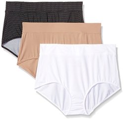 Warner's Women's Blissful Benefits No Muffin Top 3 Pack Brief Panty White toasted Almond black Pin Dot Print L