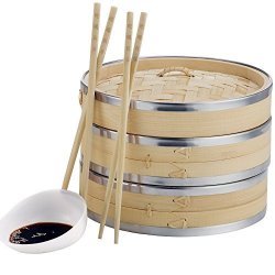 Vonshef 10-INCH 2 Tier Bamboo Steamer With Stainless Steel Banding 2 Pairs Of Chopsticks And 50 Wax Steamer Liners