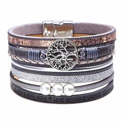 Ronllna Tree Of Life Leather Cuff Bracelet Wrap Bangle Boho Bracelets With Pearl For Women Gifts Brown Cuff Bracelet Gray