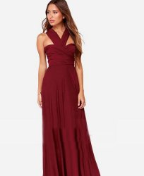 Women's Sexy Dark Red V-neck Solid Floor-length Maxi Dress - Asian Xl