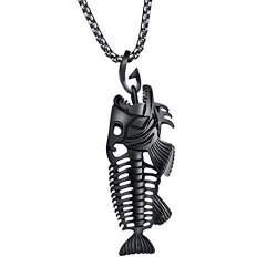 Ieason Fish Bone & Fishing Hook Skeleton Stainless Steel Pendant Surfer Chain Necklace Black