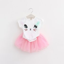 New Summer Fashion Style Cartoon Kitten Printed T-shirts+net Veil Dress 2PCS - White 3T