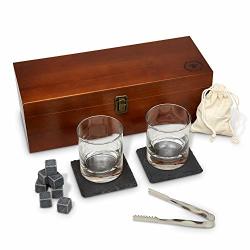 Fine Pursuits Whiskey Stones Gift Set - Whiskey Glass Set - Bourbon Glasses Stone Coasters & Whiskey Rocks - Anniversary Gifts For Men Groomsmen