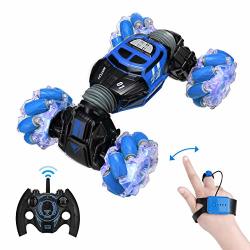 Powerextra Rc Stunt Car 4WD 2.4GHZ Remote Control Gesture Sensor Toy Cars Double Sided Rotating Off Road Vehicle 360 Flips With Lights Music Kids