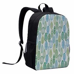 Nature Children's Backpack Hand Drawn Vintage Style Ornamental Leaves Forest Pattern In Green And Blue Tones For Travel 12L X 5W X 17H