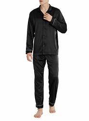 David Archy Men's Satin Silky Sleepwear Pajamas Set Button-down Long Loungewear L Black