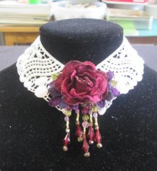 The Velvet Attic - Handmade Vintage Lace Choker With Velvet Flowers & Beads - White