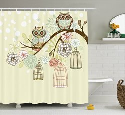 Ambesonne Owls Home Decor Collection Owl Winter Floral Background Blossoms Owls Out Of Their Cages Bird Cage Freedom Image Polyester Fabric Bathroom Shower Curtain