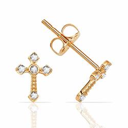 Petite Ornate Cross With Cz Stud Earrings In 14K Yellow Gold