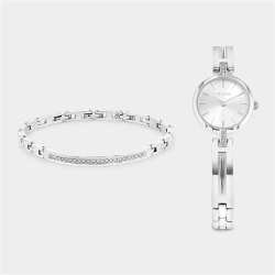 Womens Silver Plated Round Bracelet Watch & Bracelet Set