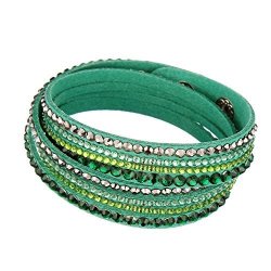 Beautiful Bead Women New Fashion Genuine Leather Wrap Multilayer Rhinestones Hot Fix Bracelet-dark Green