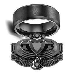 LOVERSRING Couple Ring Bridal Set His Hers Claddagh Ring Black Gold Filled Heart Shape Cz Men Stainless Steel Wedding Banc Ring Sets