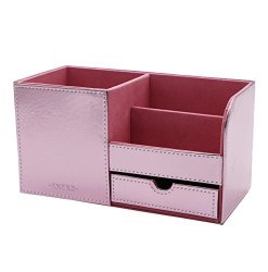 Exerz EX7078 Premium Large Faux Leather Desk Organizer Desk Tidy Pen Holder Multifunctional Organizer Metallic Pink