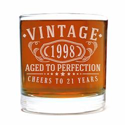 Vintage 1998 Etched 11OZ Whiskey Rocks Glass - 21ST Birthday Aged To Perfection - 21 Years Old Gifts Bourbon Scotch Lowball Old Fashioned