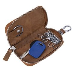 Large Promotion Genuine Leather Car Key Holder Case Zipper Wallet With 6 Ring Hooks Card Case For Men Women Brown 2