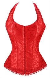 Kimring Women's Fashion Sweetheart Elegant Halter Satin Jacquard Lace Edge Valentines Corset Red Xxxx-large