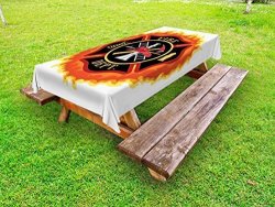 Lunarable Fireman Outdoor Tablecloth Fire Department Icon With Ladder Public Service Essential Tools Of Firefighters Decorative Washable Picnic Table Cloth 58 X 104 Inches Multicolor