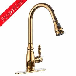 Votamuta Deck Mounted Pull Out Sprayer Kitchen Sink Faucet Single Handle High Arc Swivel Kitchen Mixer Tap With Dual Function Sprayer Gold