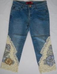 Designer Jean - Blue 3 4 Jean With Cream Lace Inserts And Floral Beading - Straight Leg
