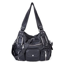 Women Handbags Front Zippers Washed Shoulder Bag Tote Bag Vintage Satchel Hobo Purse Black