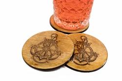 Set Of 4 Premium 3.5" Round Wood Coaster Set Cape Cod Design Laser Engraved Anchor Gift For Him