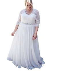 Dumoo Women's Plus Size Chiffon Lace Wedding Dress With Long Sleeves Bridal Gown Beach Ivory 24