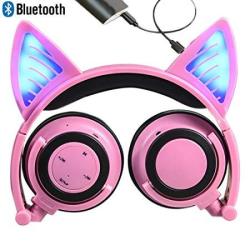 Bluetooth MIC Chargeable Wireless Hearsets Cat Ear Foldable Adjustable Flash Blue Light Headphones For Iphone 7 7S IPAD Android Mobile Phone Macbook Pink