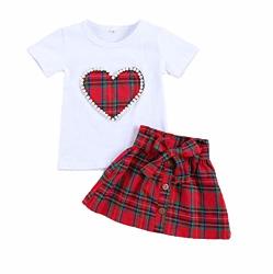 Toddler Infant Baby Girls Valentine's Day Outfit Cute Heart Print Plaid Short Sleeve Tops+ A-line Skirt Set 2-3T Valentine Y D