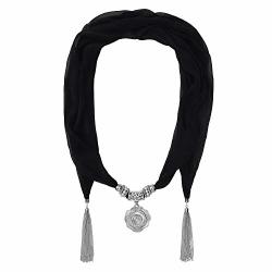 Jinsen Women's Chiffon Scarf Necklace Open Heart Pendant Chain Tassel Scarf SF000092 Black C